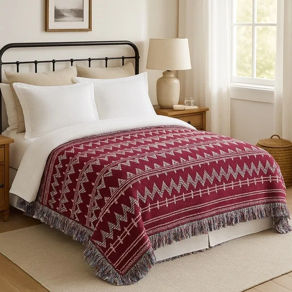 Vintage Crochet Ruffle Hem Handmade Blanket chevron stripe